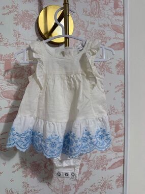 Carter's Cream Dress with Blue Embroidered Hem